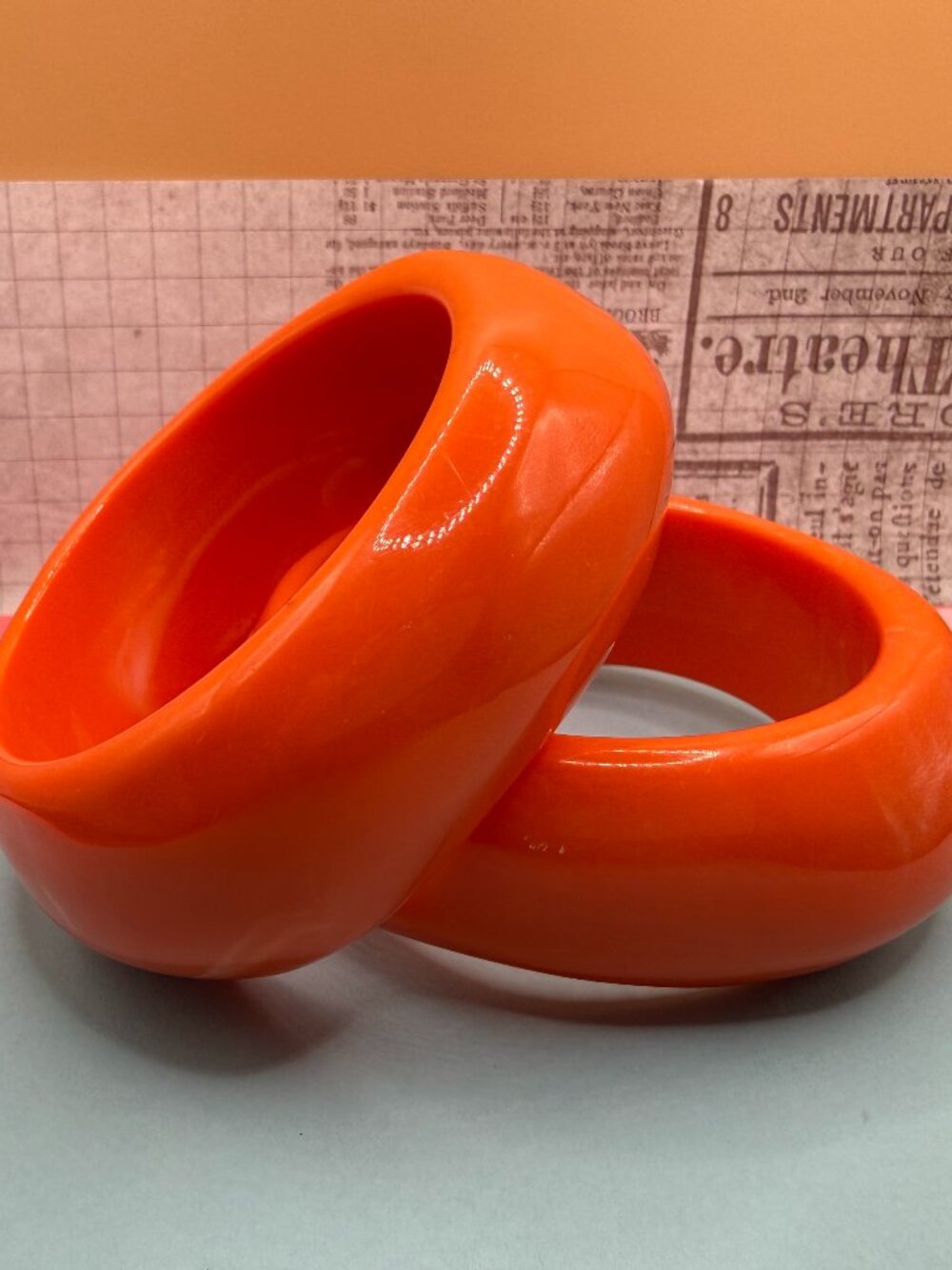 Estate Lot 2 Huge Wide Bold Chunky Orange Sherbet Lucite Bangle Bracelets Set